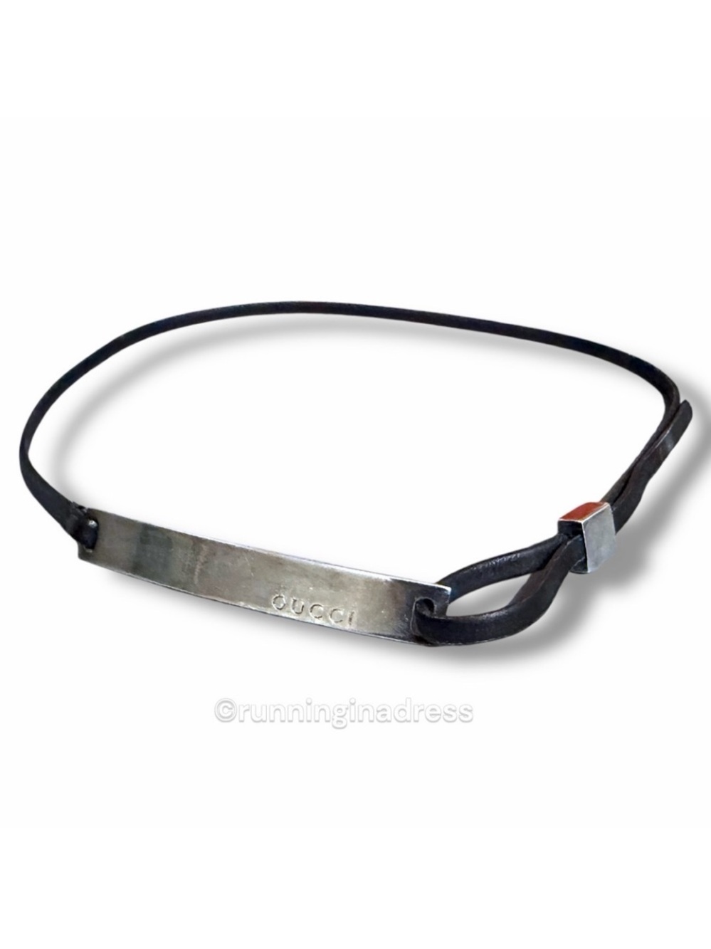 Authentic Y2K Gucci Sterling & Leather Silver Logo Bar Choker Wrap Bracelet - Picture 6 of 12